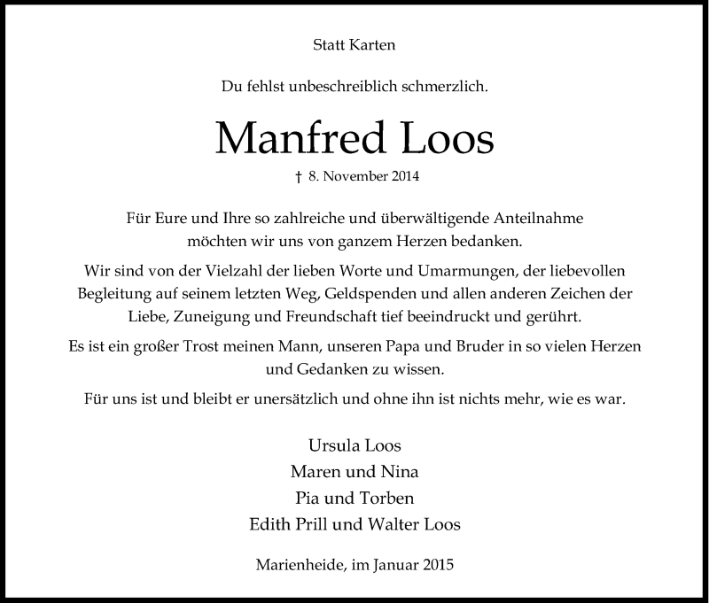  Traueranzeige für Manfred Loos vom 08.01.2015 aus Kölner Stadt-Anzeiger / Kölnische Rundschau / Express