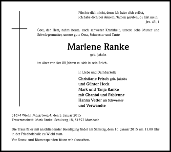 Anzeige von Marlene Ranke von Kölner Stadt-Anzeiger / Kölnische Rundschau / Express