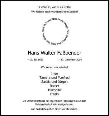Anzeige von Hans Walter Faßbender von Kölner Stadt-Anzeiger / Kölnische Rundschau / Express