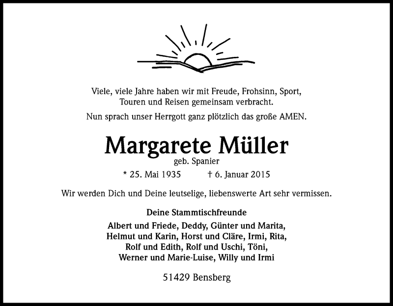  Traueranzeige für Margarete Müller vom 08.01.2015 aus Kölner Stadt-Anzeiger / Kölnische Rundschau / Express
