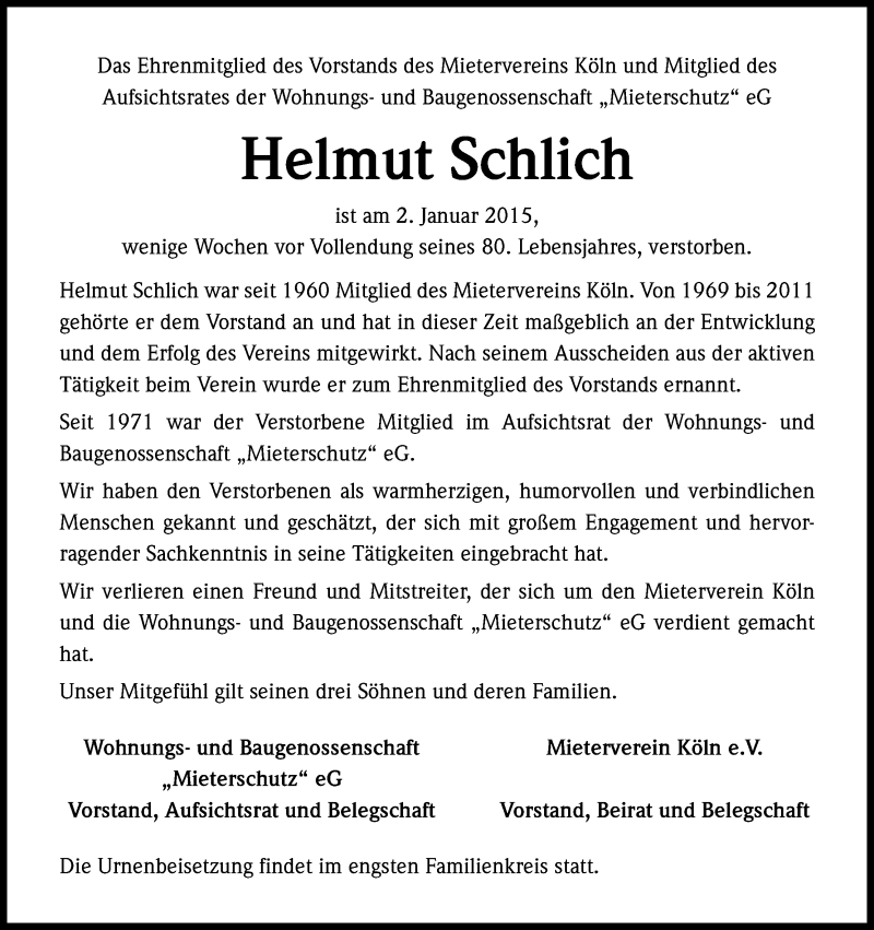  Traueranzeige für Helmut Schlich vom 10.01.2015 aus Kölner Stadt-Anzeiger / Kölnische Rundschau / Express