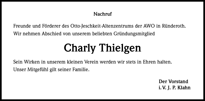  Traueranzeige für Charly Thielgen vom 09.01.2015 aus Kölner Stadt-Anzeiger / Kölnische Rundschau / Express