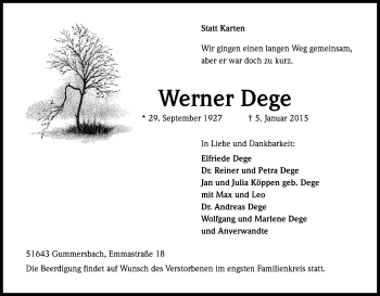 Anzeige von Werner Dege von Kölner Stadt-Anzeiger / Kölnische Rundschau / Express