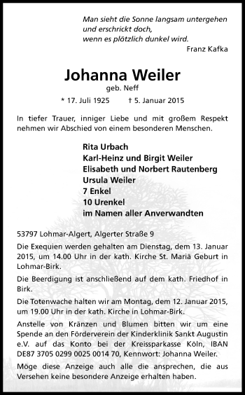 Anzeige von Johanna Weiler von Kölner Stadt-Anzeiger / Kölnische Rundschau / Express