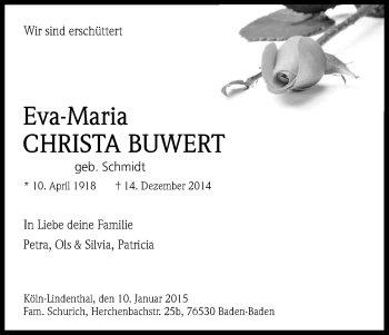 Anzeige von Eva-Maria Christa Buwert von Kölner Stadt-Anzeiger / Kölnische Rundschau / Express
