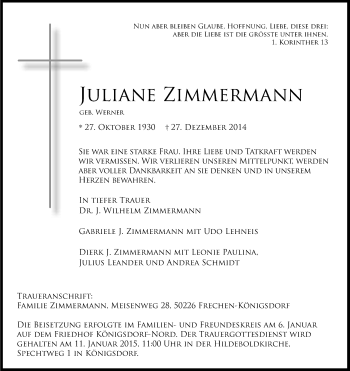 Anzeige von Juliane Zimmermann von Kölner Stadt-Anzeiger / Kölnische Rundschau / Express