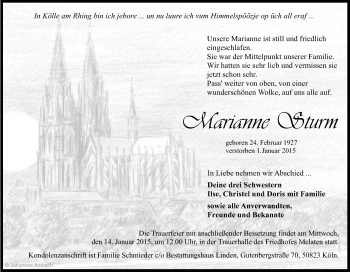 Anzeige von Marianne Sturm von Kölner Stadt-Anzeiger / Kölnische Rundschau / Express