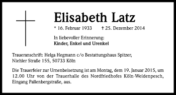 Anzeige von Elisabeth Latz von Kölner Stadt-Anzeiger / Kölnische Rundschau / Express