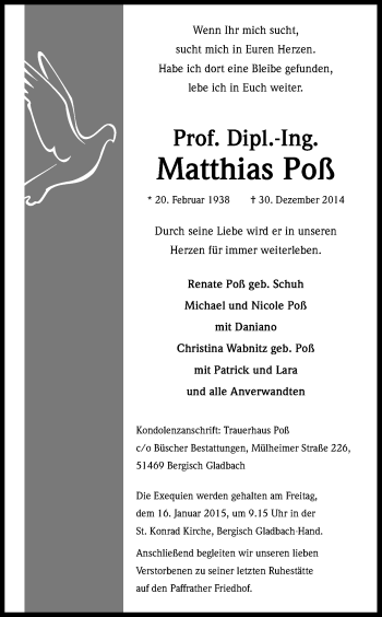 Anzeige von Matthias Poß von Kölner Stadt-Anzeiger / Kölnische Rundschau / Express