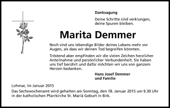 Anzeige von Marita Demmer von Kölner Stadt-Anzeiger / Kölnische Rundschau / Express