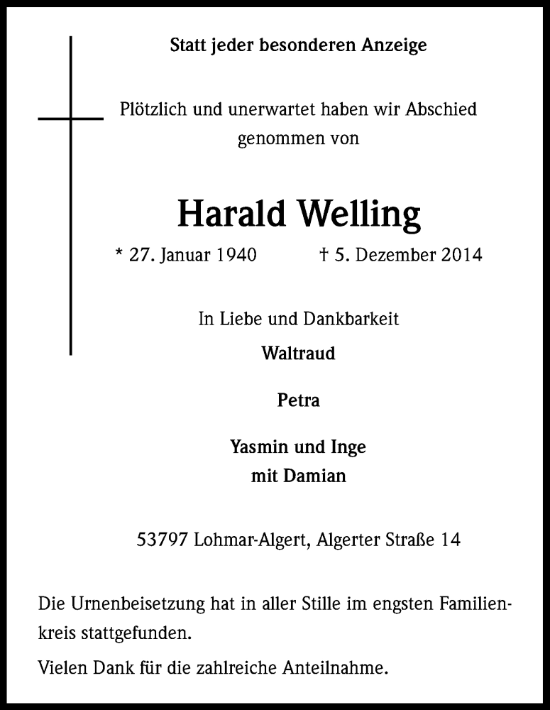  Traueranzeige für Harald Welling vom 10.01.2015 aus Kölner Stadt-Anzeiger / Kölnische Rundschau / Express