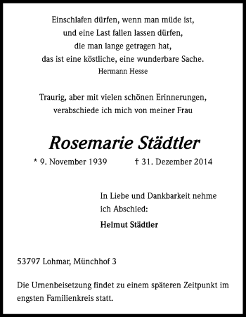 Anzeige von Rosemarie Städtler von Kölner Stadt-Anzeiger / Kölnische Rundschau / Express