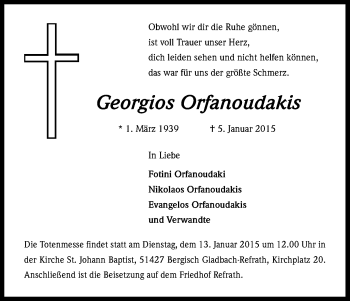 Anzeige von Georgios Orfanoudakis von Kölner Stadt-Anzeiger / Kölnische Rundschau / Express