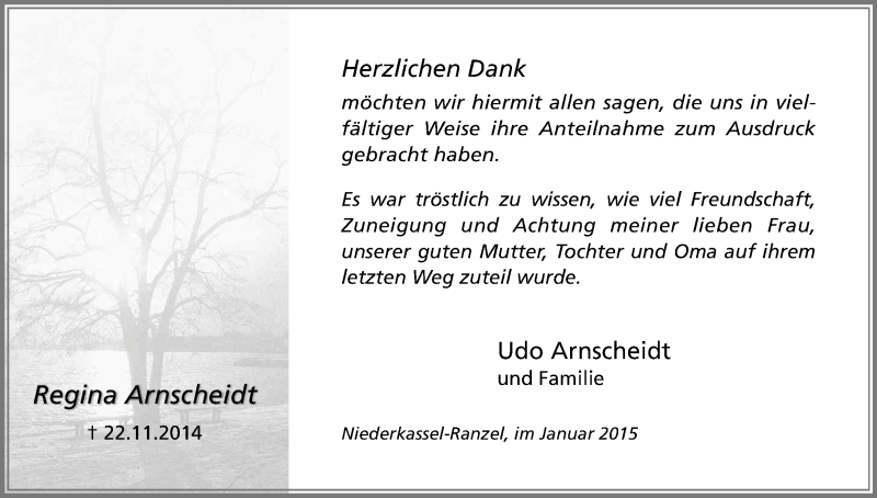  Traueranzeige für Regina Arnscheidt vom 10.01.2015 aus Kölner Stadt-Anzeiger / Kölnische Rundschau / Express