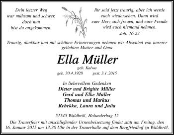 Anzeige von Ella Müller von Kölner Stadt-Anzeiger / Kölnische Rundschau / Express