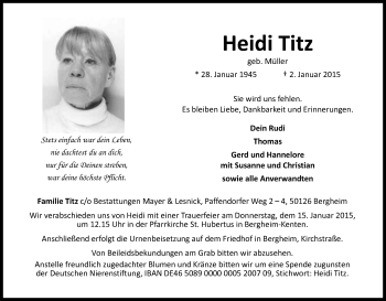 Anzeige von Heidi Titz von Kölner Stadt-Anzeiger / Kölnische Rundschau / Express