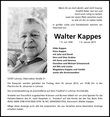 Anzeige von Walter Kappes von Kölner Stadt-Anzeiger / Kölnische Rundschau / Express