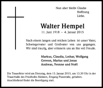 Anzeige von Walter Hempel von Kölner Stadt-Anzeiger / Kölnische Rundschau / Express