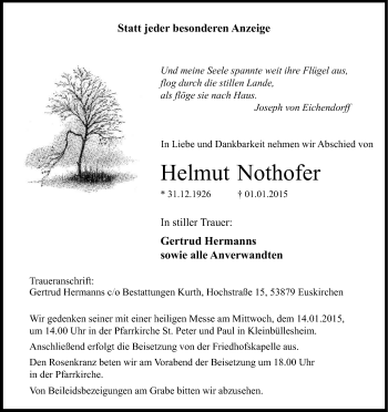 Anzeige von Helmut Nothofer von Kölner Stadt-Anzeiger / Kölnische Rundschau / Express