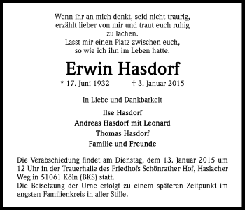 Anzeige von Erwin Hasdorf von Kölner Stadt-Anzeiger / Kölnische Rundschau / Express
