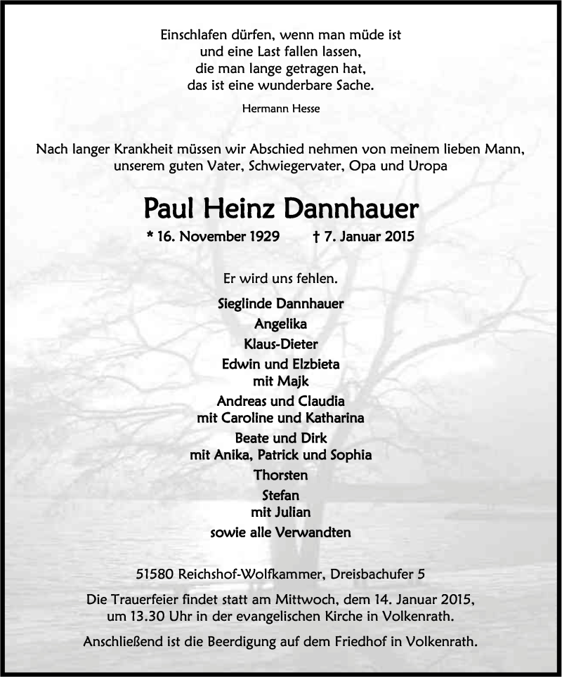  Traueranzeige für Paul Heinz Dannhauer vom 10.01.2015 aus Kölner Stadt-Anzeiger / Kölnische Rundschau / Express