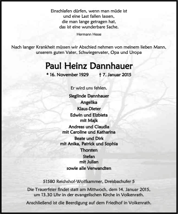 Anzeige von Paul Heinz Dannhauer von Kölner Stadt-Anzeiger / Kölnische Rundschau / Express