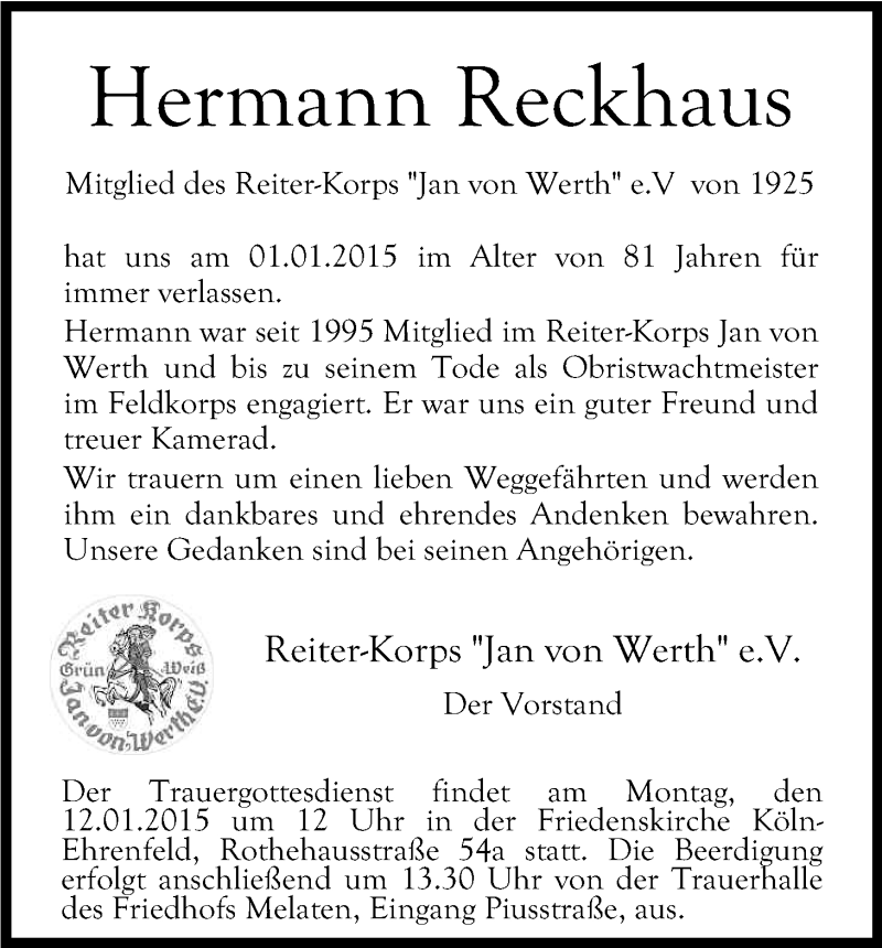  Traueranzeige für Hermann Reckhaus vom 10.01.2015 aus Kölner Stadt-Anzeiger / Kölnische Rundschau / Express
