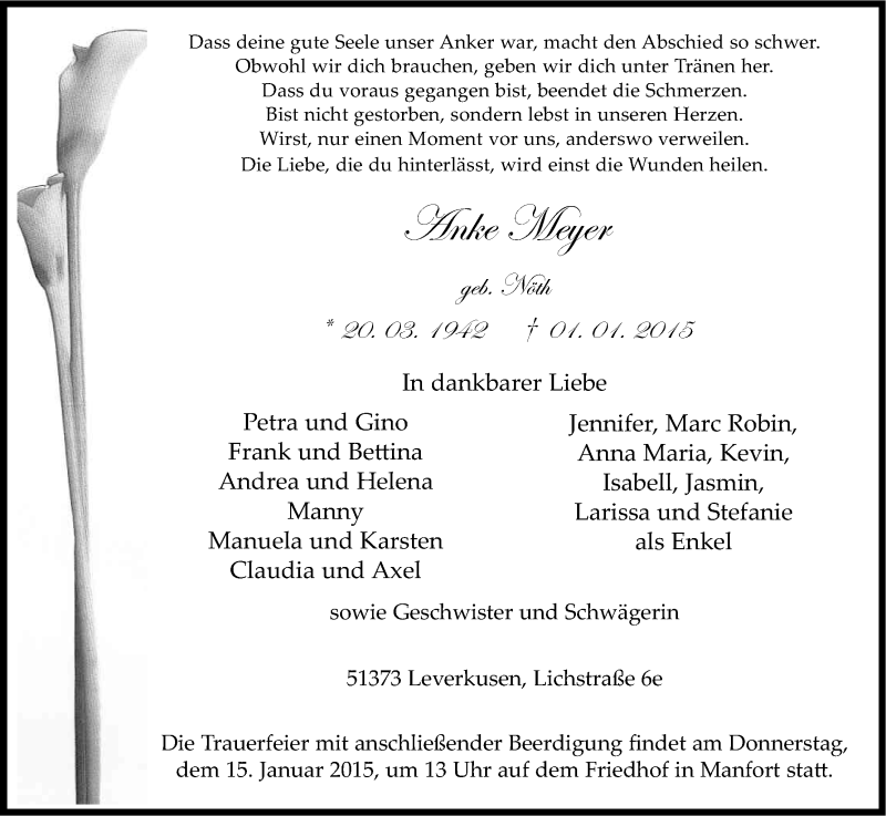  Traueranzeige für Anke Meyer vom 10.01.2015 aus Kölner Stadt-Anzeiger / Kölnische Rundschau / Express
