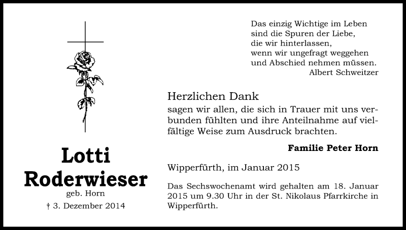  Traueranzeige für Lotti Roderwieser vom 10.01.2015 aus Kölner Stadt-Anzeiger / Kölnische Rundschau / Express
