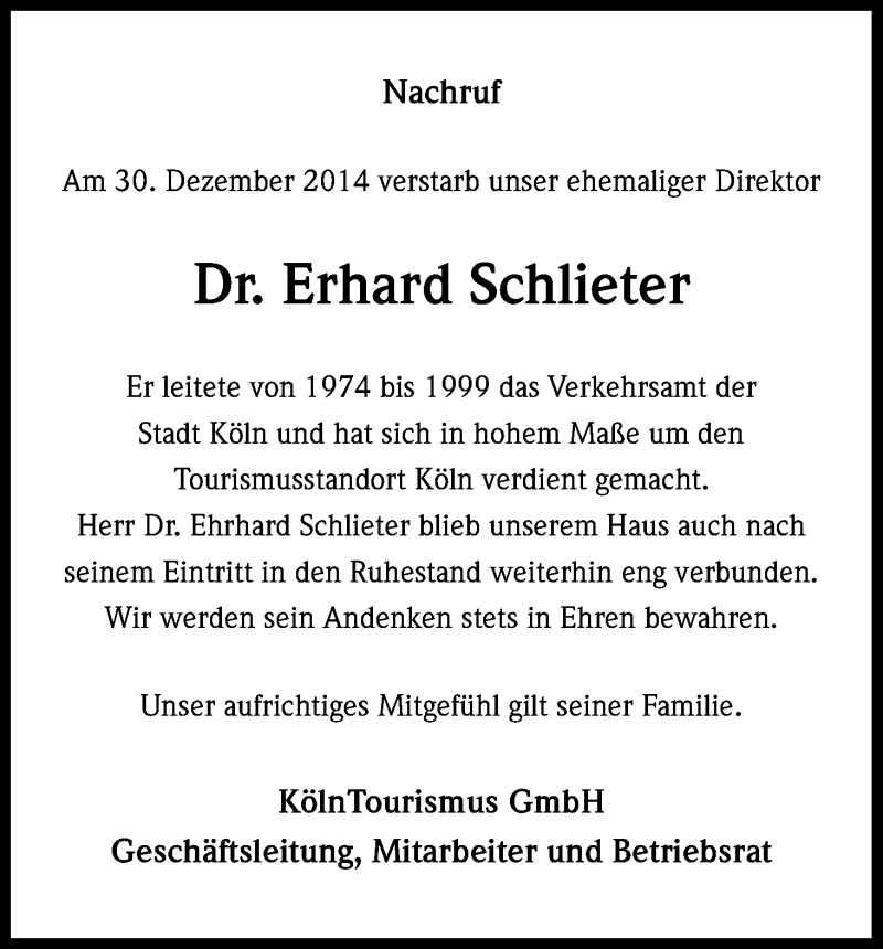  Traueranzeige für Erhard Schlieter vom 10.01.2015 aus Kölner Stadt-Anzeiger / Kölnische Rundschau / Express
