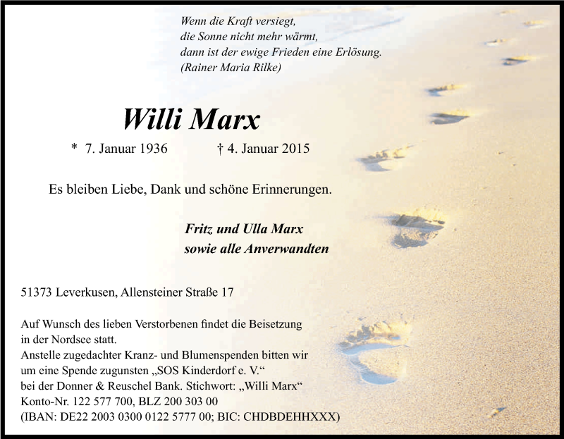  Traueranzeige für Willi Marx vom 10.01.2015 aus Kölner Stadt-Anzeiger / Kölnische Rundschau / Express