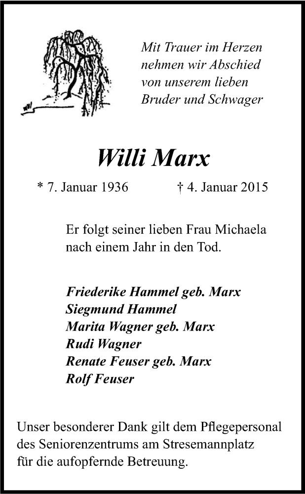  Traueranzeige für Willi Marx vom 10.01.2015 aus Kölner Stadt-Anzeiger / Kölnische Rundschau / Express