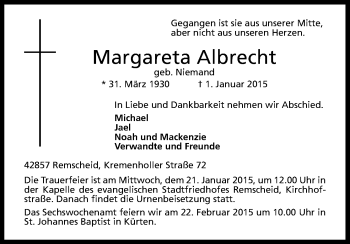 Anzeige von Margareta Albrecht von Kölner Stadt-Anzeiger / Kölnische Rundschau / Express