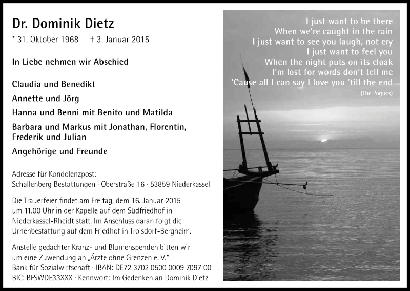  Traueranzeige für Dominik Dietz vom 10.01.2015 aus Kölner Stadt-Anzeiger / Kölnische Rundschau / Express
