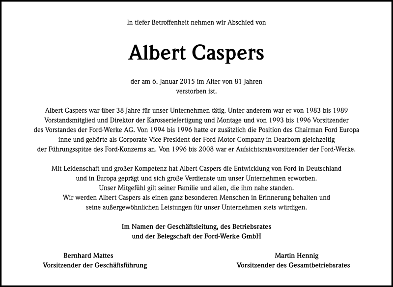  Traueranzeige für Albert Caspers vom 10.01.2015 aus Kölner Stadt-Anzeiger / Kölnische Rundschau / Express