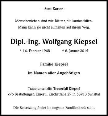 Anzeige von Wolfgang Kiepsel von Kölner Stadt-Anzeiger / Kölnische Rundschau / Express