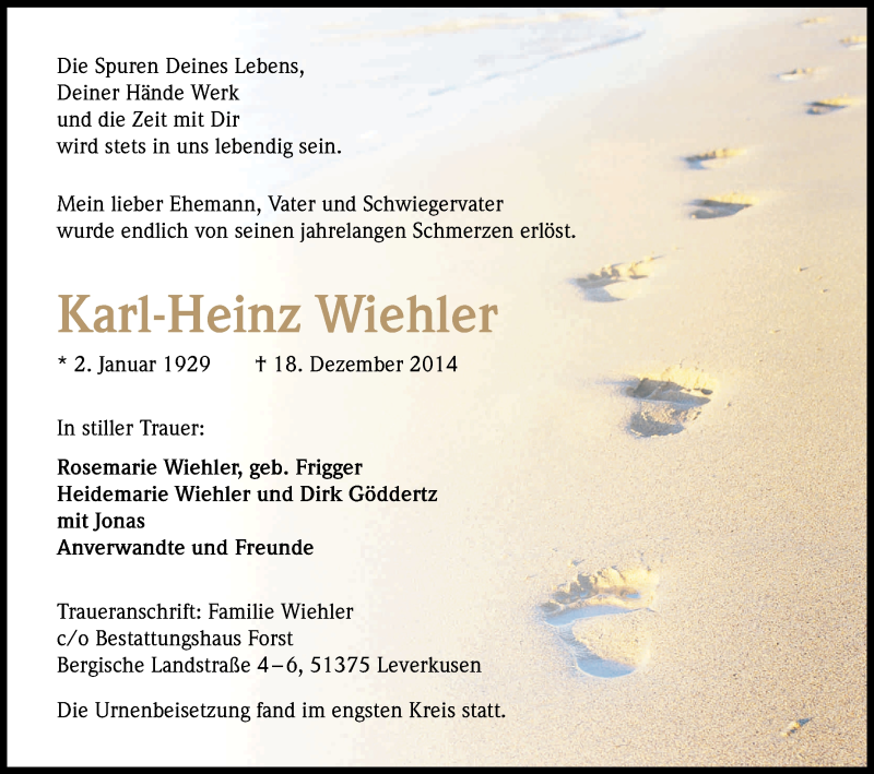  Traueranzeige für Karl-Heinz Wiehler vom 10.01.2015 aus Kölner Stadt-Anzeiger / Kölnische Rundschau / Express