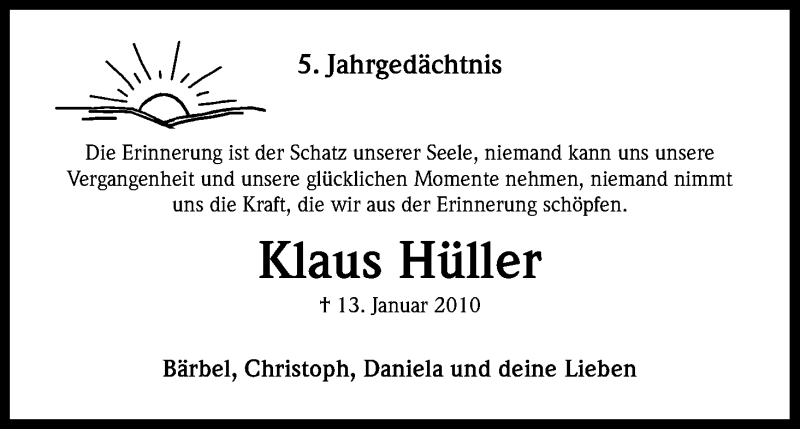  Traueranzeige für Klaus Hüller vom 13.01.2015 aus Kölner Stadt-Anzeiger / Kölnische Rundschau / Express