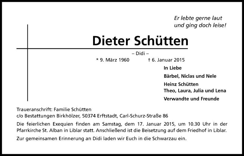  Traueranzeige für Dieter Schütten vom 10.01.2015 aus Kölner Stadt-Anzeiger / Kölnische Rundschau / Express