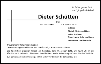 Anzeige von Dieter Schütten von Kölner Stadt-Anzeiger / Kölnische Rundschau / Express