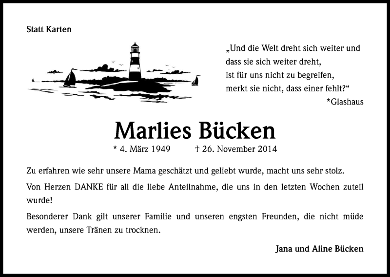  Traueranzeige für Marlies Bücken vom 10.01.2015 aus Kölner Stadt-Anzeiger / Kölnische Rundschau / Express