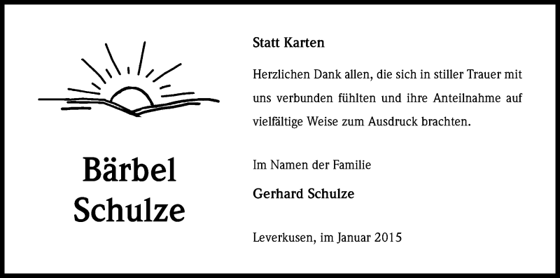  Traueranzeige für Bärbel Schulze vom 10.01.2015 aus Kölner Stadt-Anzeiger / Kölnische Rundschau / Express