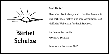 Anzeige von Bärbel Schulze von Kölner Stadt-Anzeiger / Kölnische Rundschau / Express