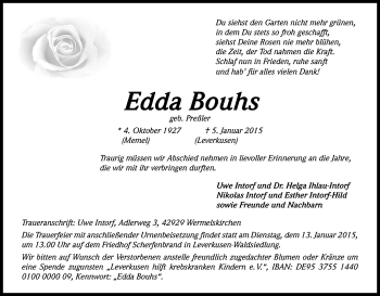 Anzeige von Edda Bouhs von Kölner Stadt-Anzeiger / Kölnische Rundschau / Express