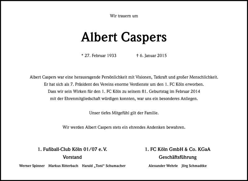  Traueranzeige für Albert Caspers vom 10.01.2015 aus Kölner Stadt-Anzeiger / Kölnische Rundschau / Express