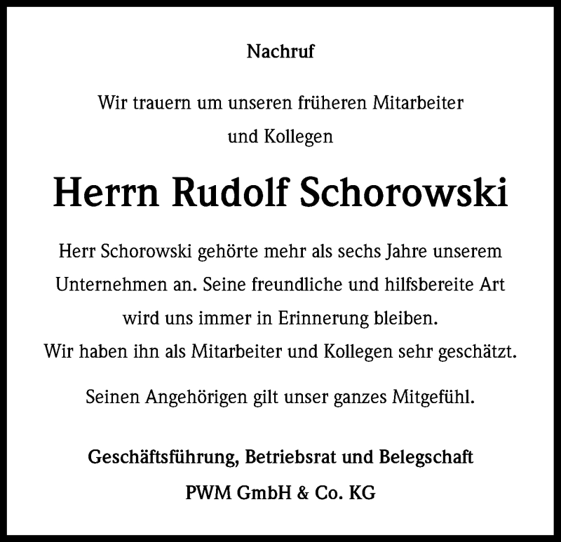  Traueranzeige für Rudolf Schorowski vom 10.01.2015 aus Kölner Stadt-Anzeiger / Kölnische Rundschau / Express