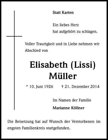Anzeige von Elisabeth Müller von Kölner Stadt-Anzeiger / Kölnische Rundschau / Express