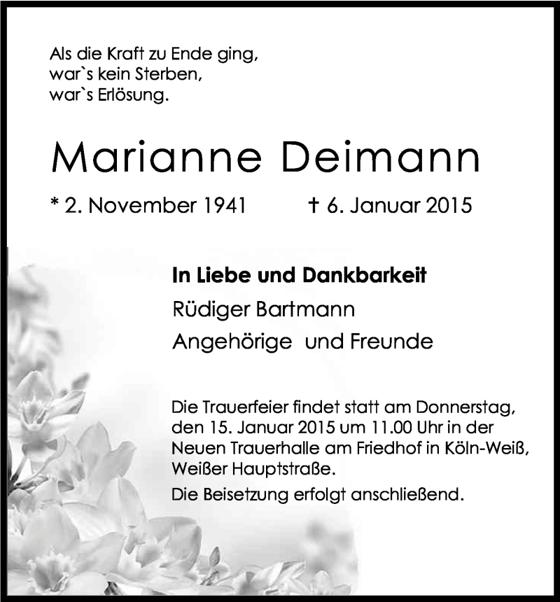  Traueranzeige für Marianne Deimann vom 10.01.2015 aus Kölner Stadt-Anzeiger / Kölnische Rundschau / Express