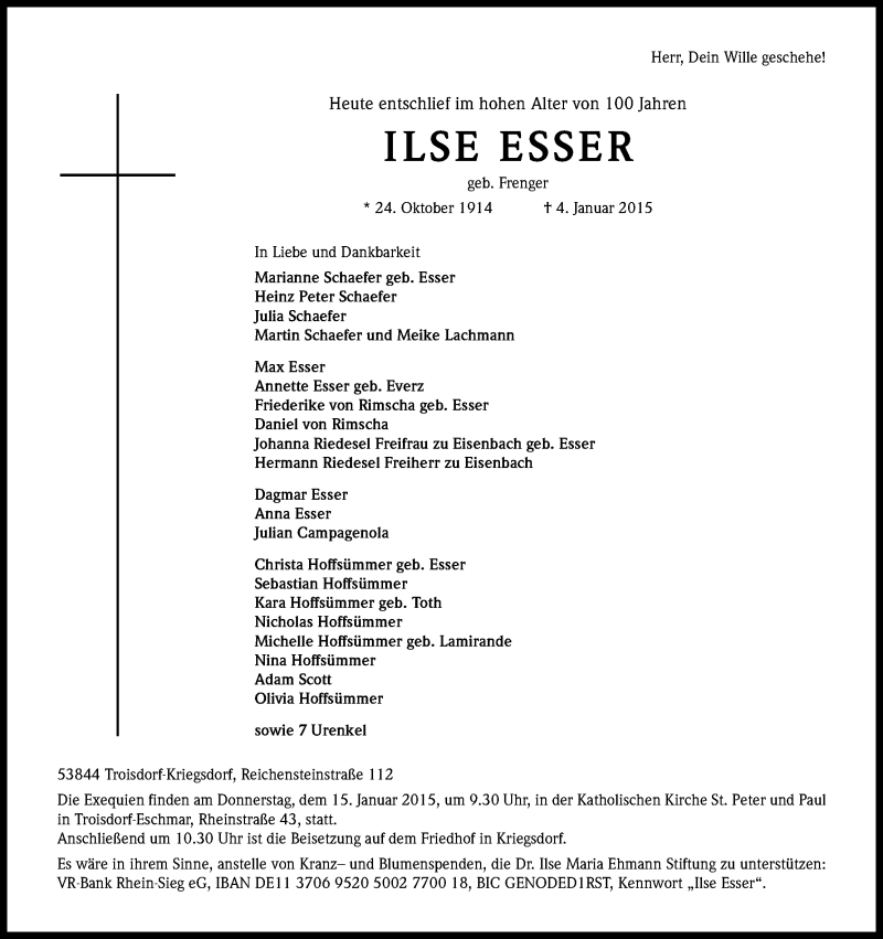  Traueranzeige für Ilse Esser vom 10.01.2015 aus Kölner Stadt-Anzeiger / Kölnische Rundschau / Express