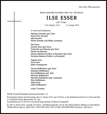 Anzeige von Ilse Esser von Kölner Stadt-Anzeiger / Kölnische Rundschau / Express